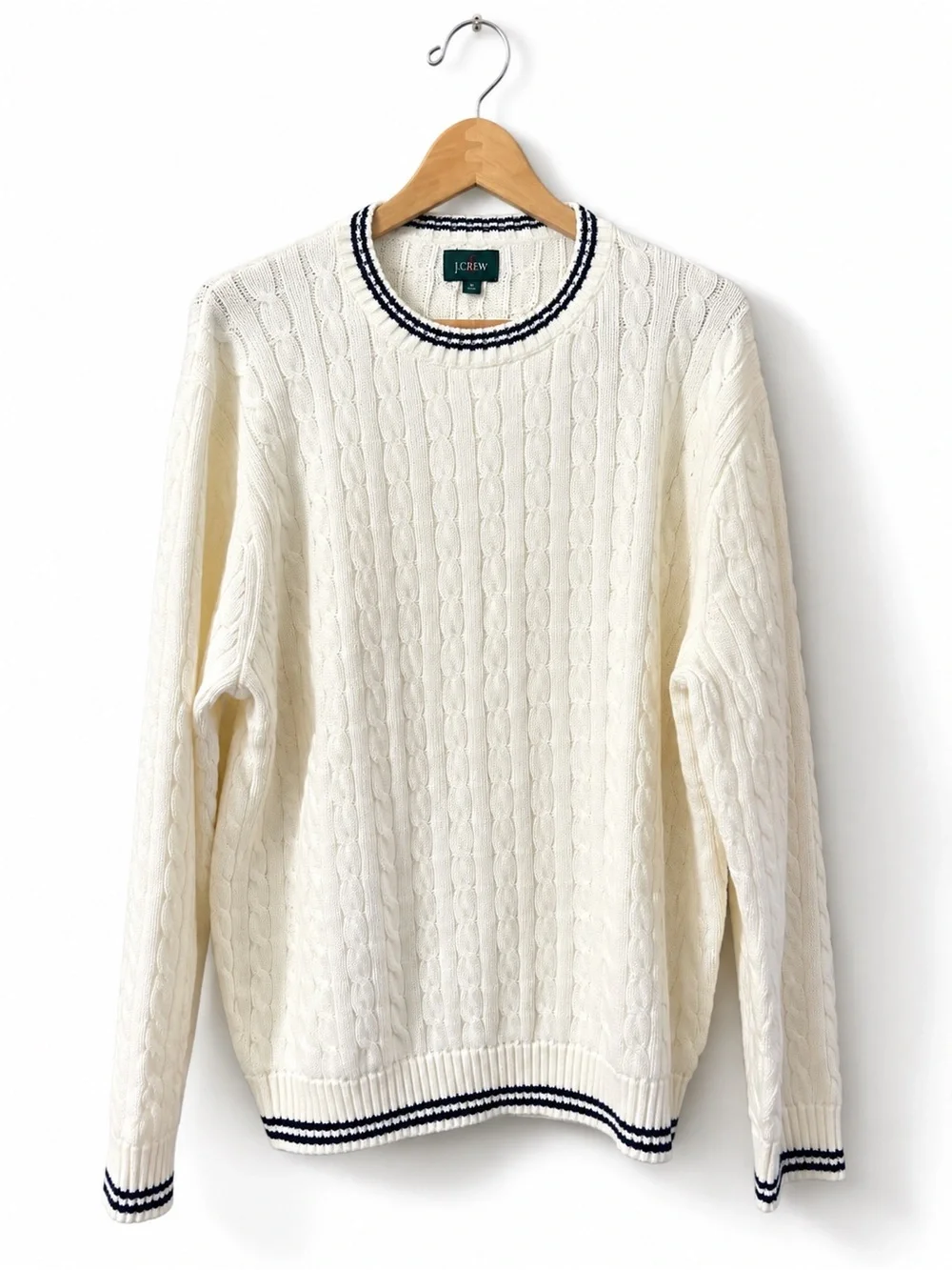 J. CREW Heritage cotton tipped cable-knit sweater Ivory Navy Stripe XL